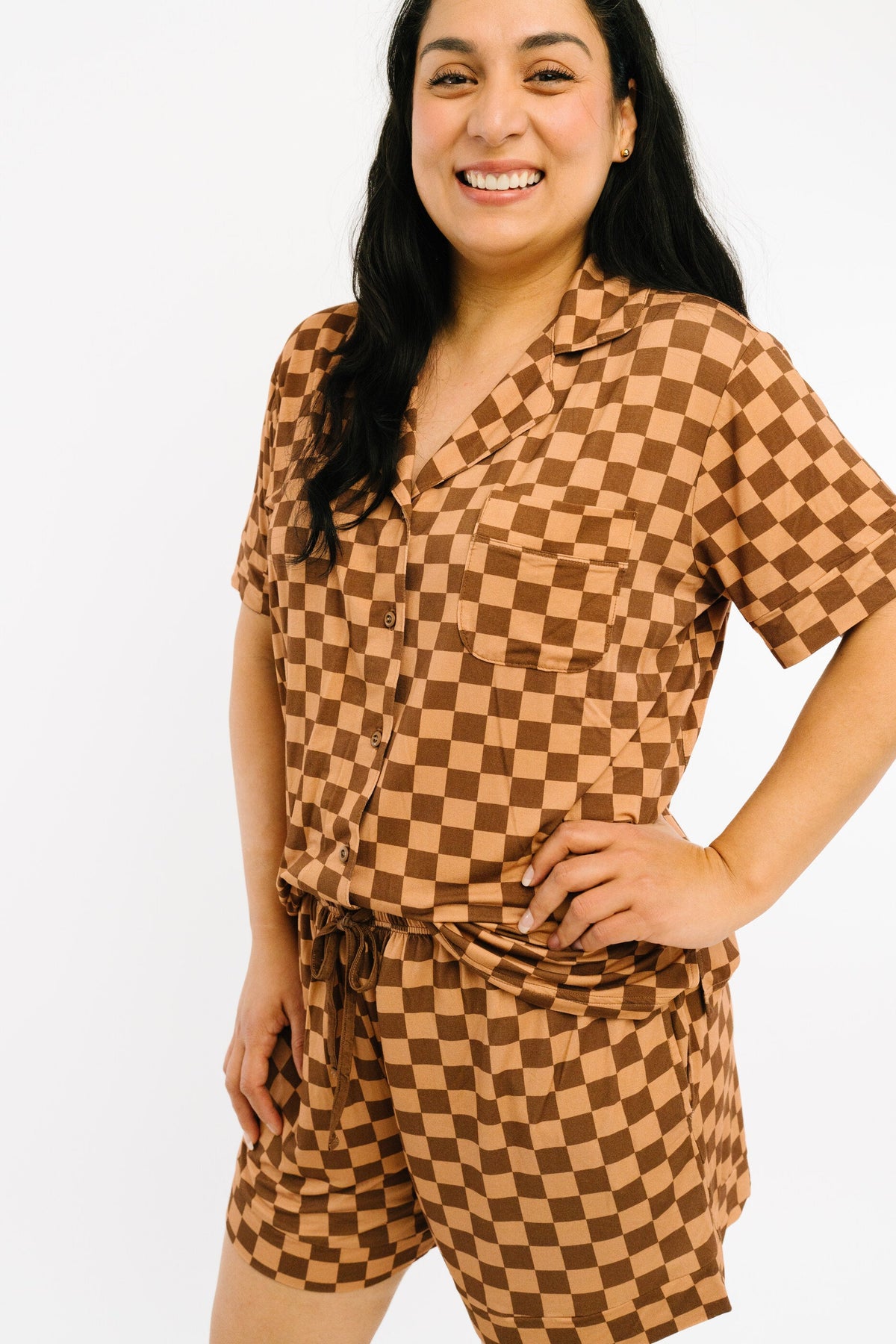 Espresso Checkered Women's Short Bamboo Set