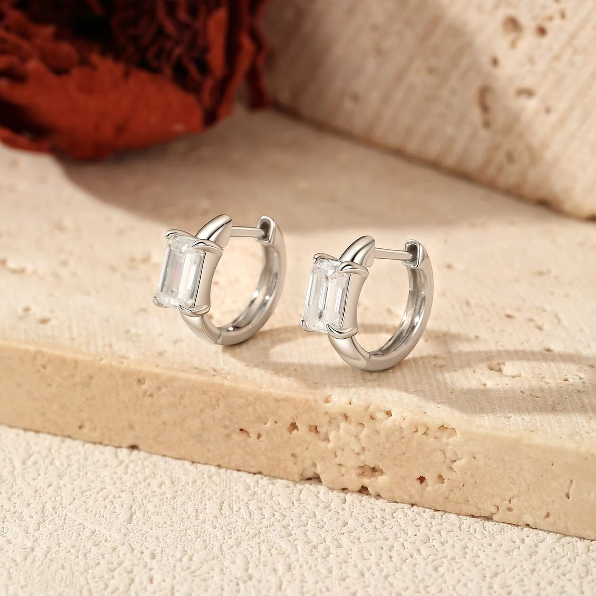 Sliver Simple Rectangle Lab Diamond Hoop Earrings